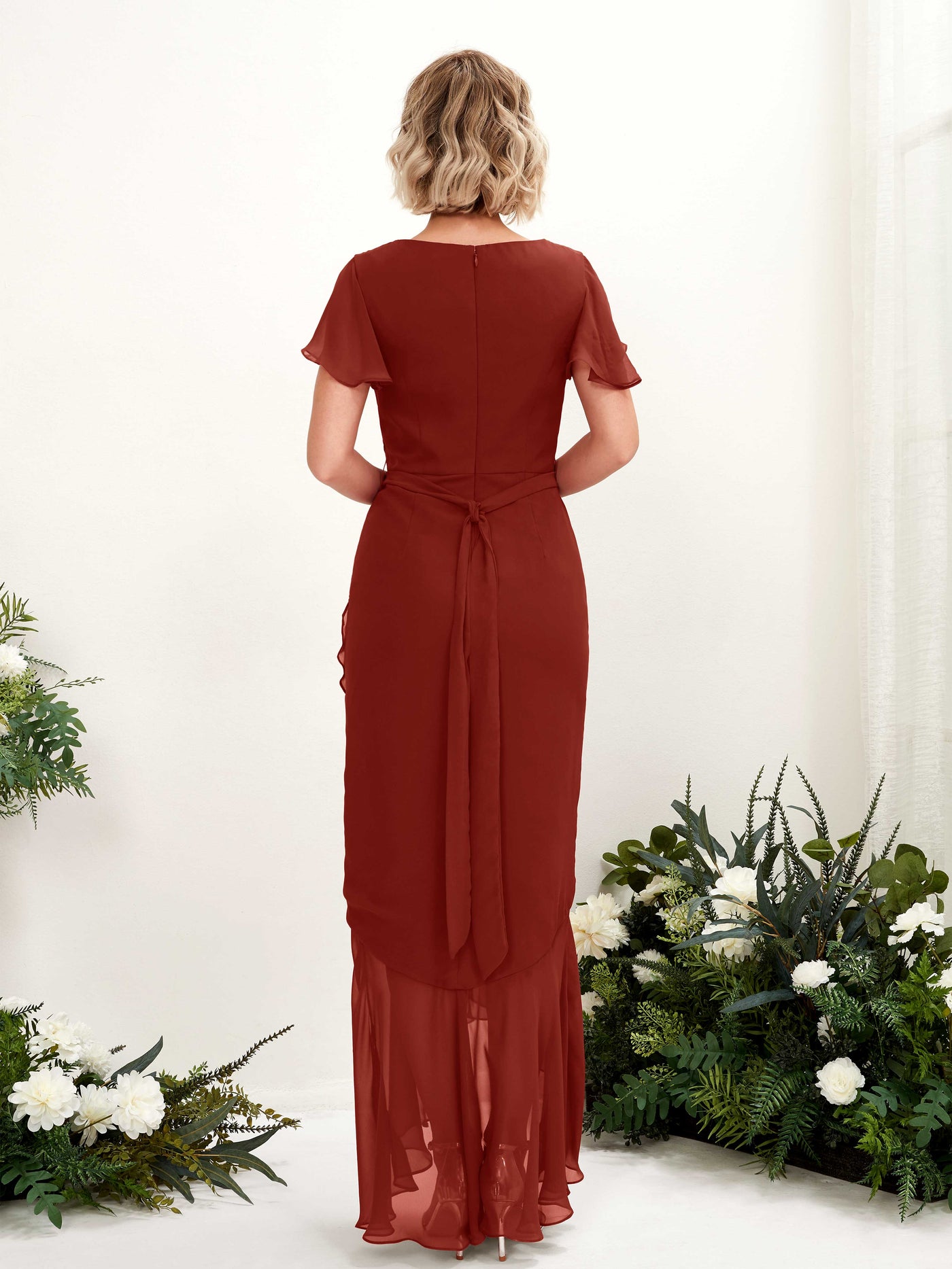 Carlyna Meerjungfrau-Linie V-Ausschnitt Flatterärmel Bodenlang Kleid Rostrot #farbe_rostrot
