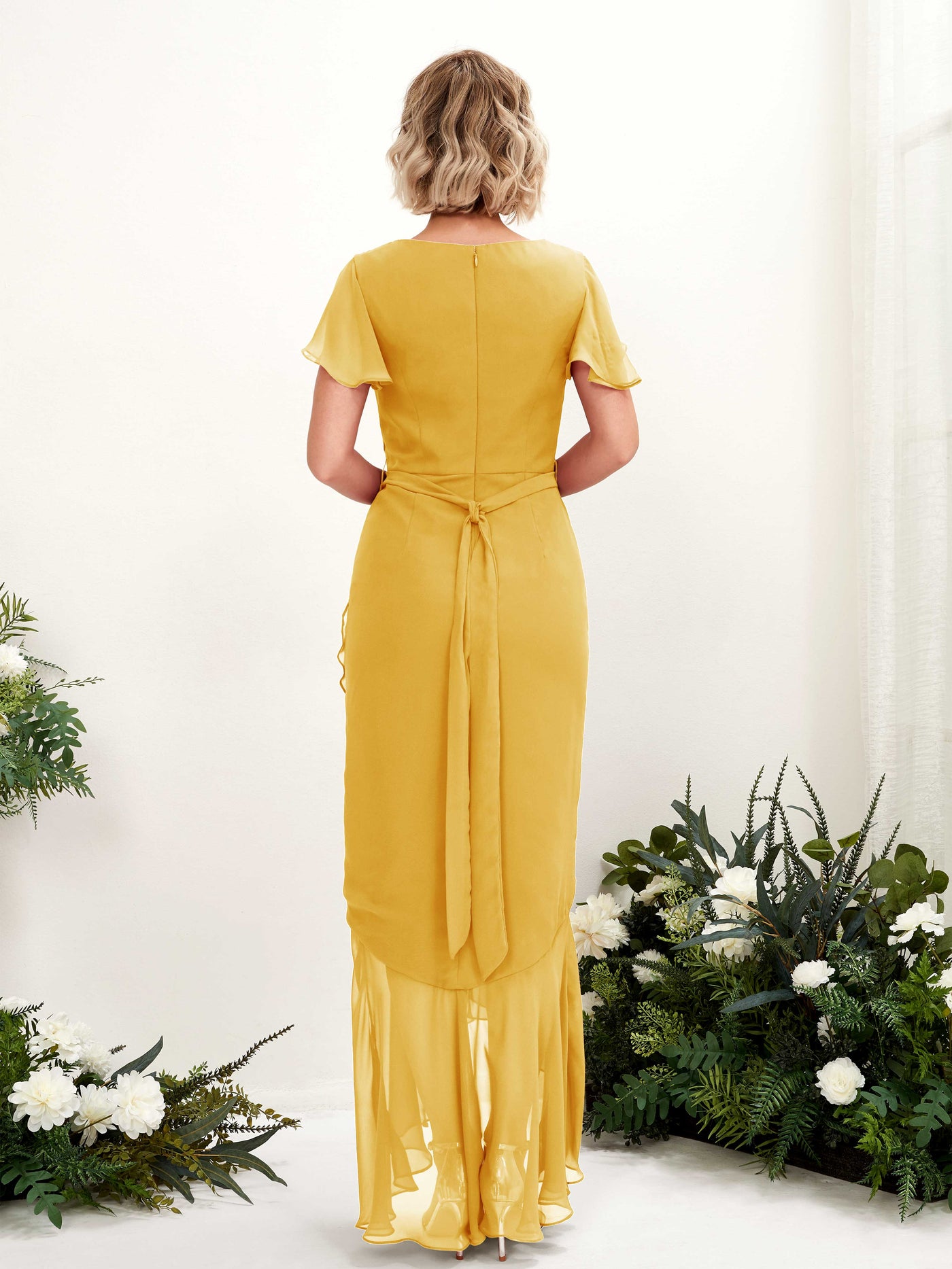Carlyna Meerjungfrau-Linie V-Ausschnitt Flatterärmel Bodenlang Kleid Senfgelb #farbe_senfgelb