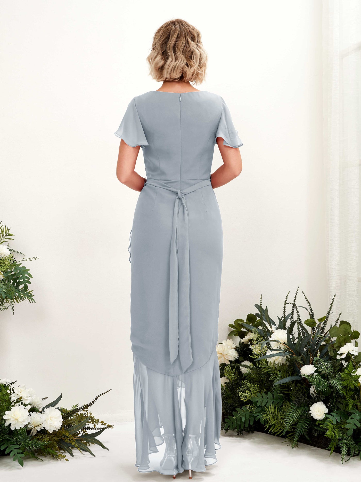 Carlyna Meerjungfrau-Linie V-Ausschnitt Flatterärmel Bodenlang Kleid Staubiges Blau-Upgrade #farbe_staubiges-blau-upgrade