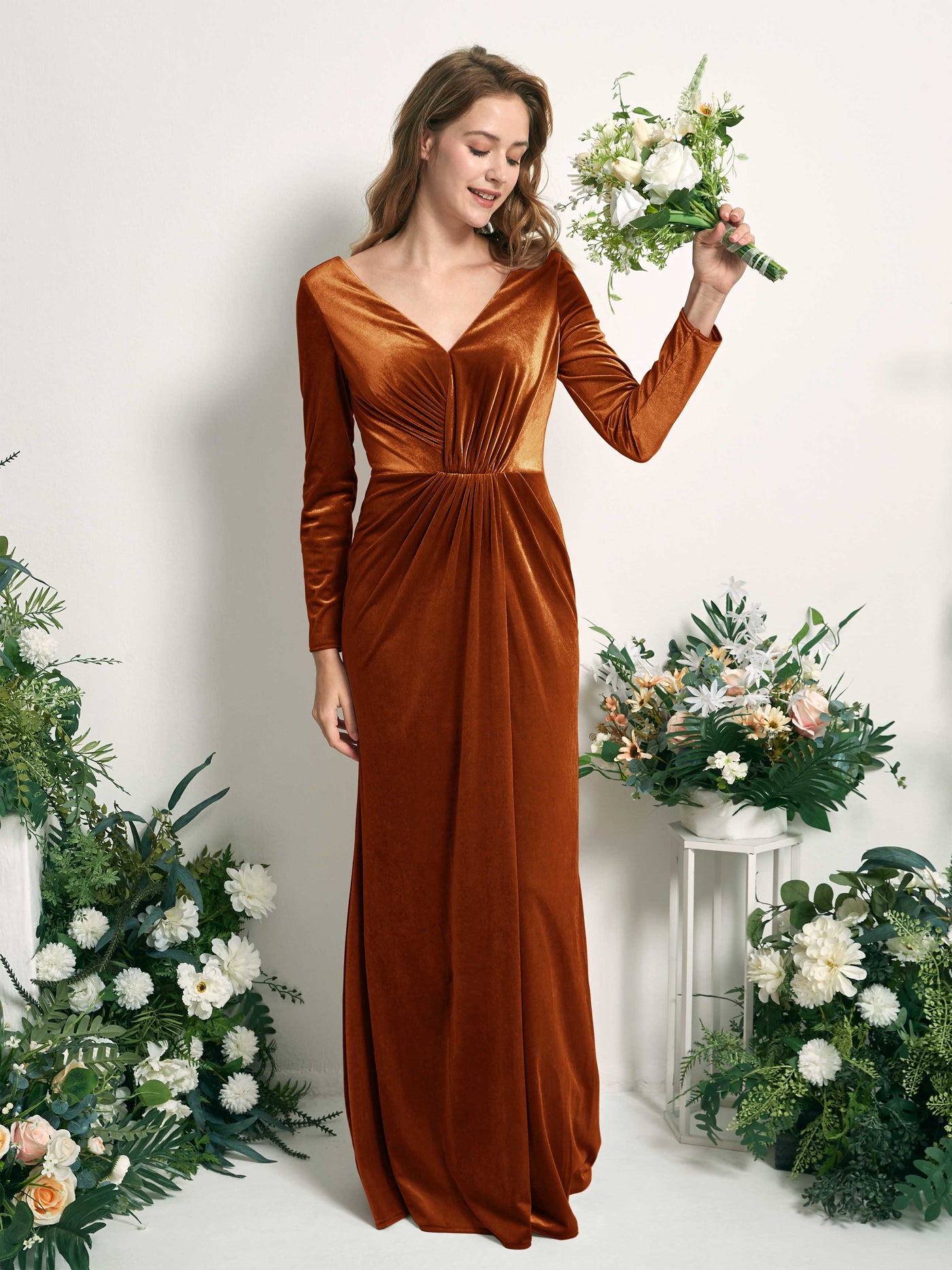 Carlyna Meerjungfrau-Linie V-Ausschnitt Langarm Gerafftes Maxikleid Burant-Orange #farbe_burant-orange