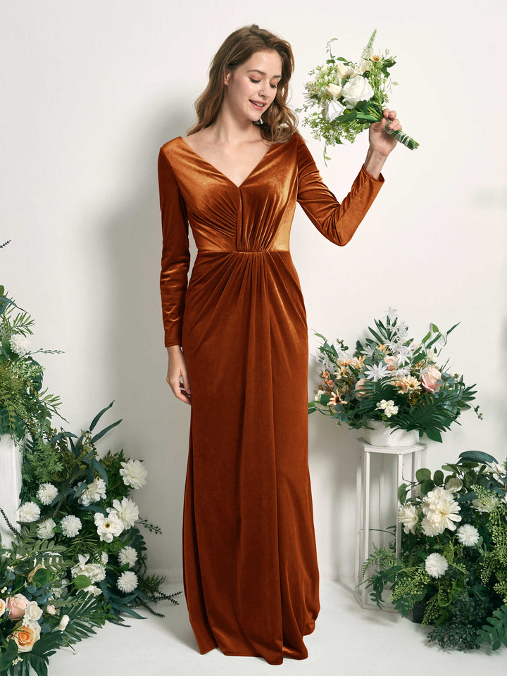 Carlyna Meerjungfrau-Linie V-Ausschnitt Langarm Gerafftes Maxikleid Burant-Orange 