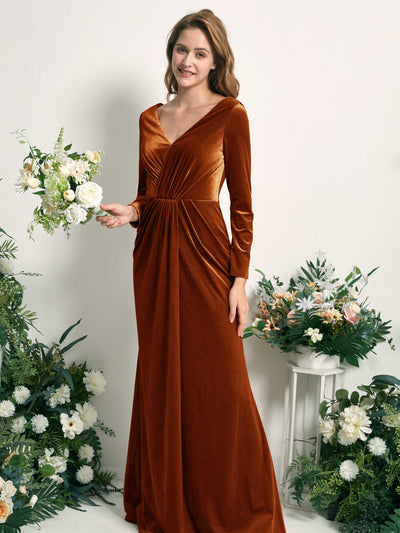Carlyna Meerjungfrau-Linie V-Ausschnitt Langarm Gerafftes Maxikleid Burant-Orange #farbe_burant-orange