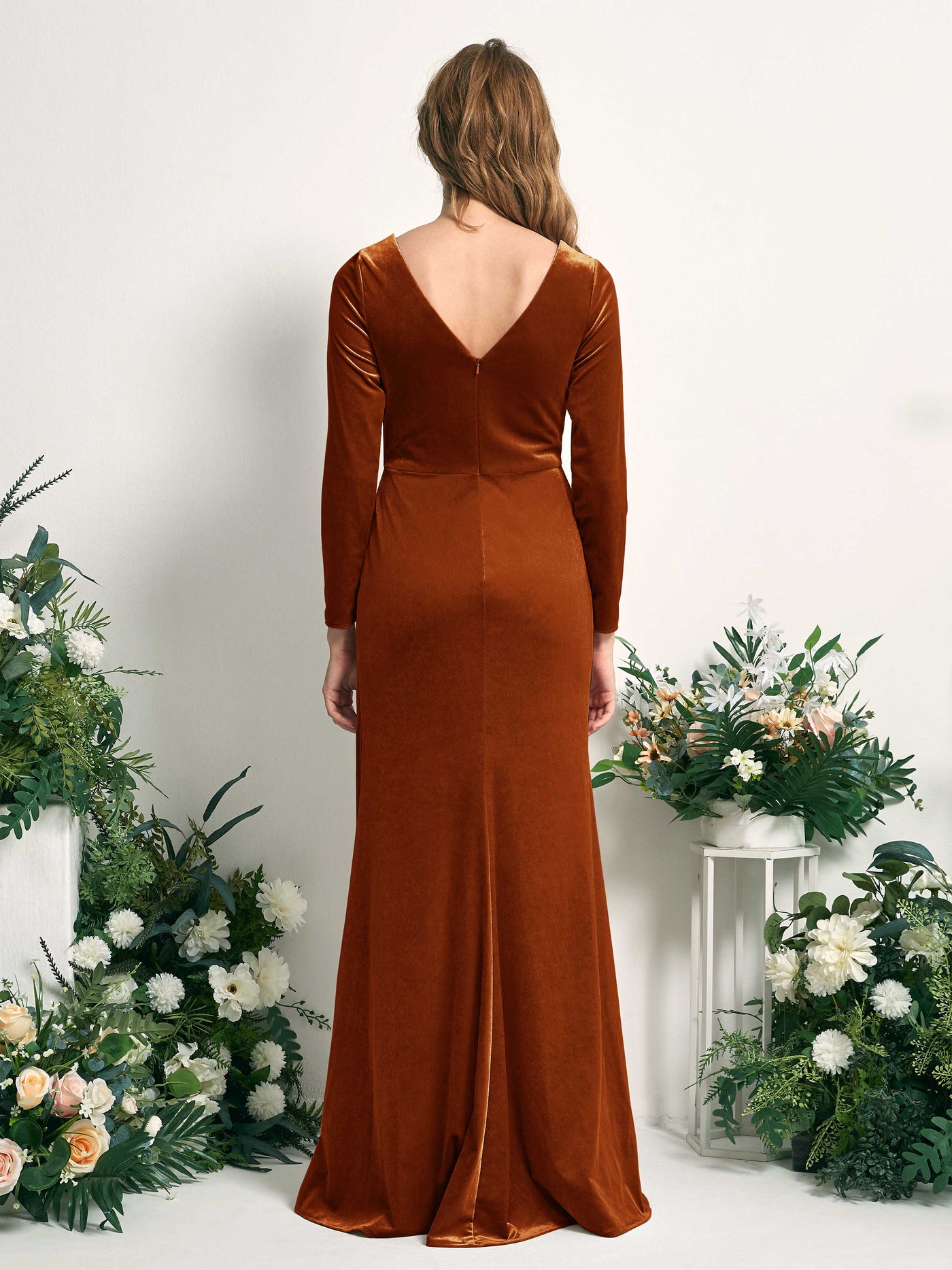 Carlyna Meerjungfrau-Linie V-Ausschnitt Langarm Gerafftes Maxikleid Burant-Orange #farbe_burant-orange