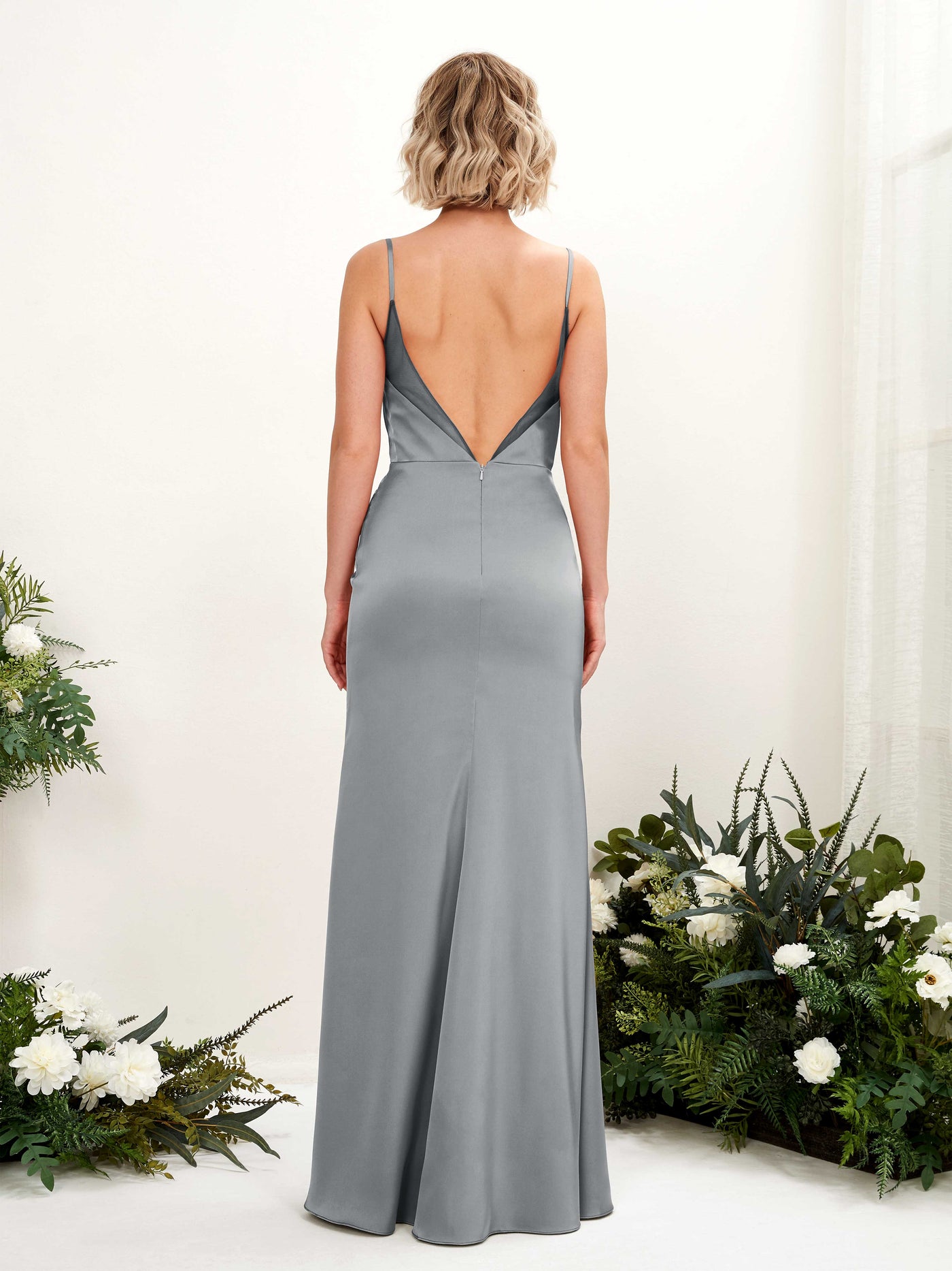 Carlyna Meerjungfrau-Linie Wasserfall Ausschnitt Beinschlitz Brautjungfernkleid Stahlgrau #farbe_stahlgrau