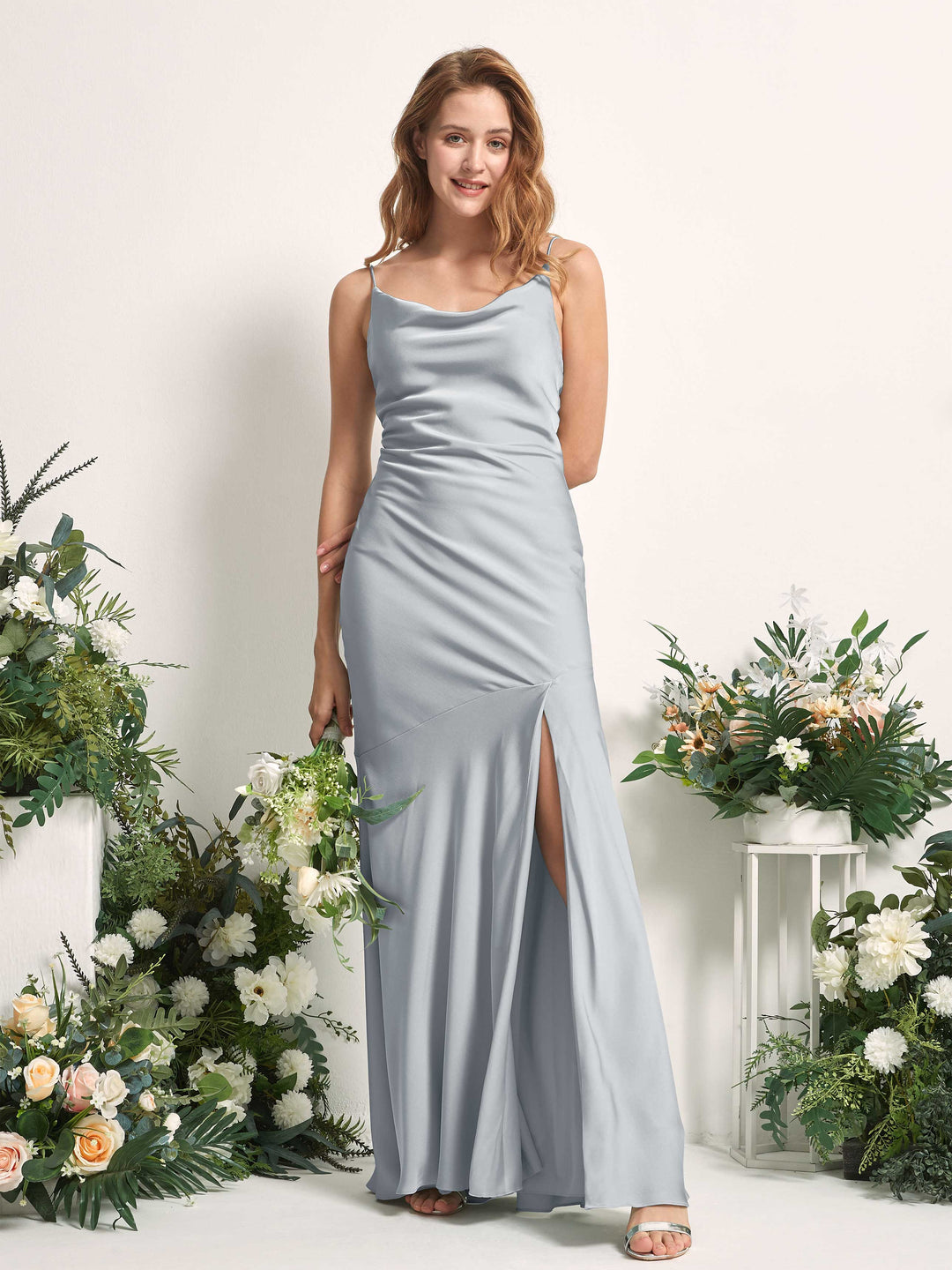 Carlyna Meerjungfrau-Linie wasserfall Bodenlang Beinschlitz Satin Brautjungfernkleider Baby Blau 