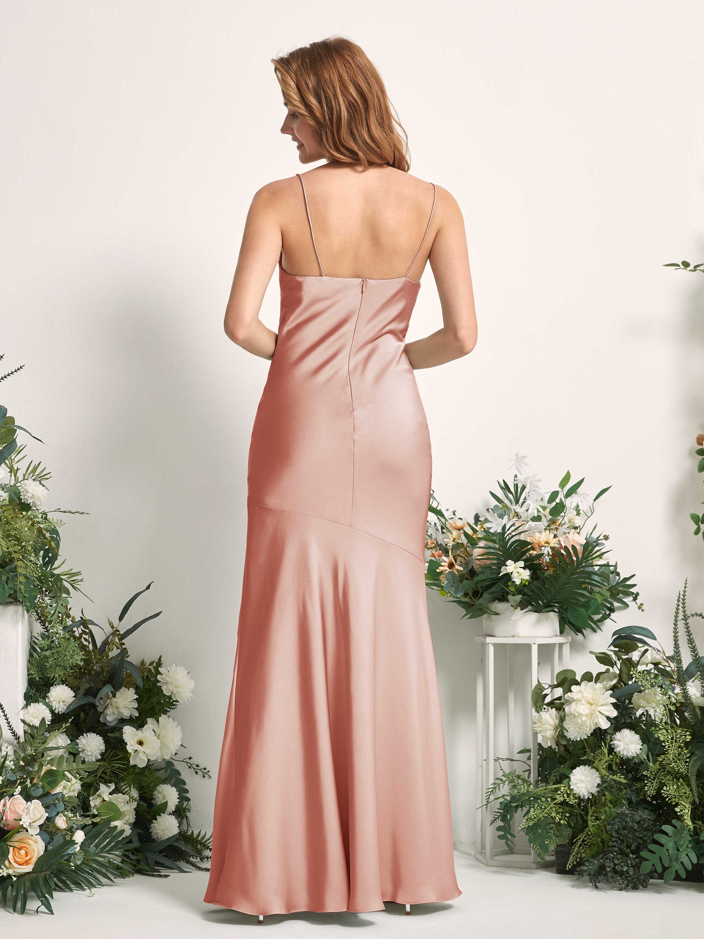 Carlyna Meerjungfrau-Linie wasserfall Bodenlang Beinschlitz Satin Brautjungfernkleider Cantaloupe #farbe_cantaloupe