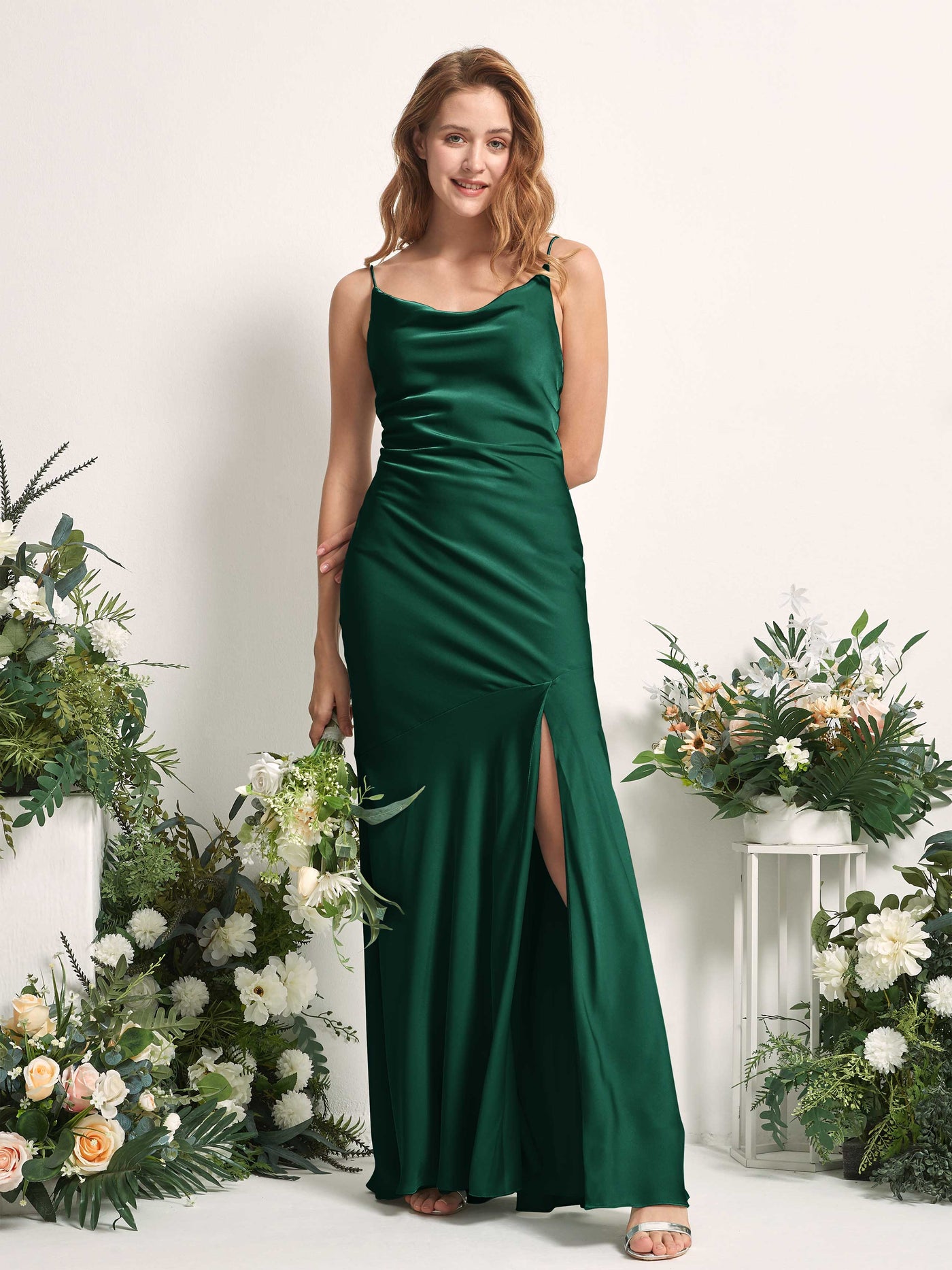 Carlyna Meerjungfrau-Linie wasserfall Bodenlang Beinschlitz Satin Brautjungfernkleider Jägergrün #farbe_j-gergr-n