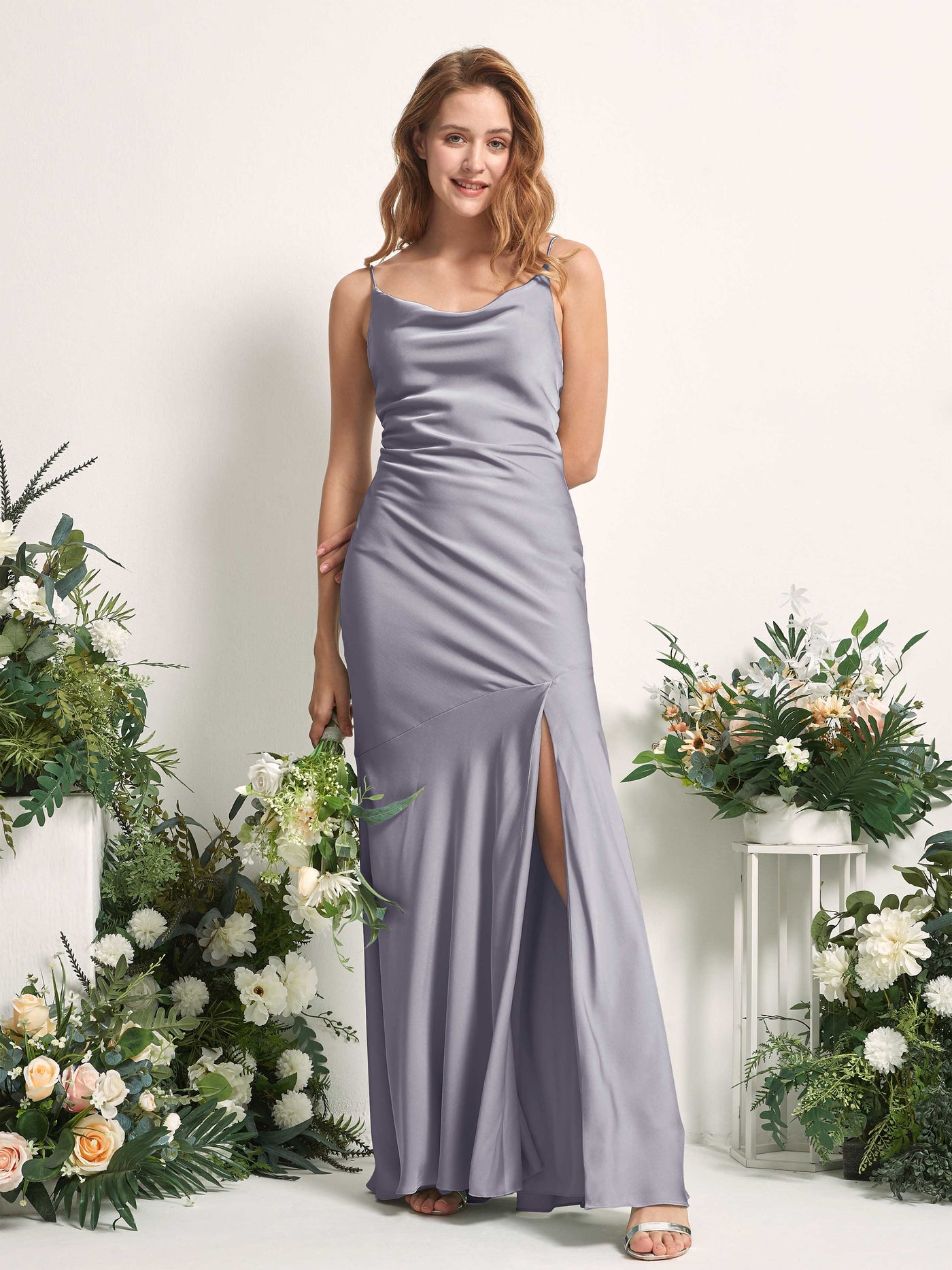 Carlyna Meerjungfrau-Linie wasserfall Bodenlang Beinschlitz Satin Brautjungfernkleider Lila Dunst #farbe_lila-dunst