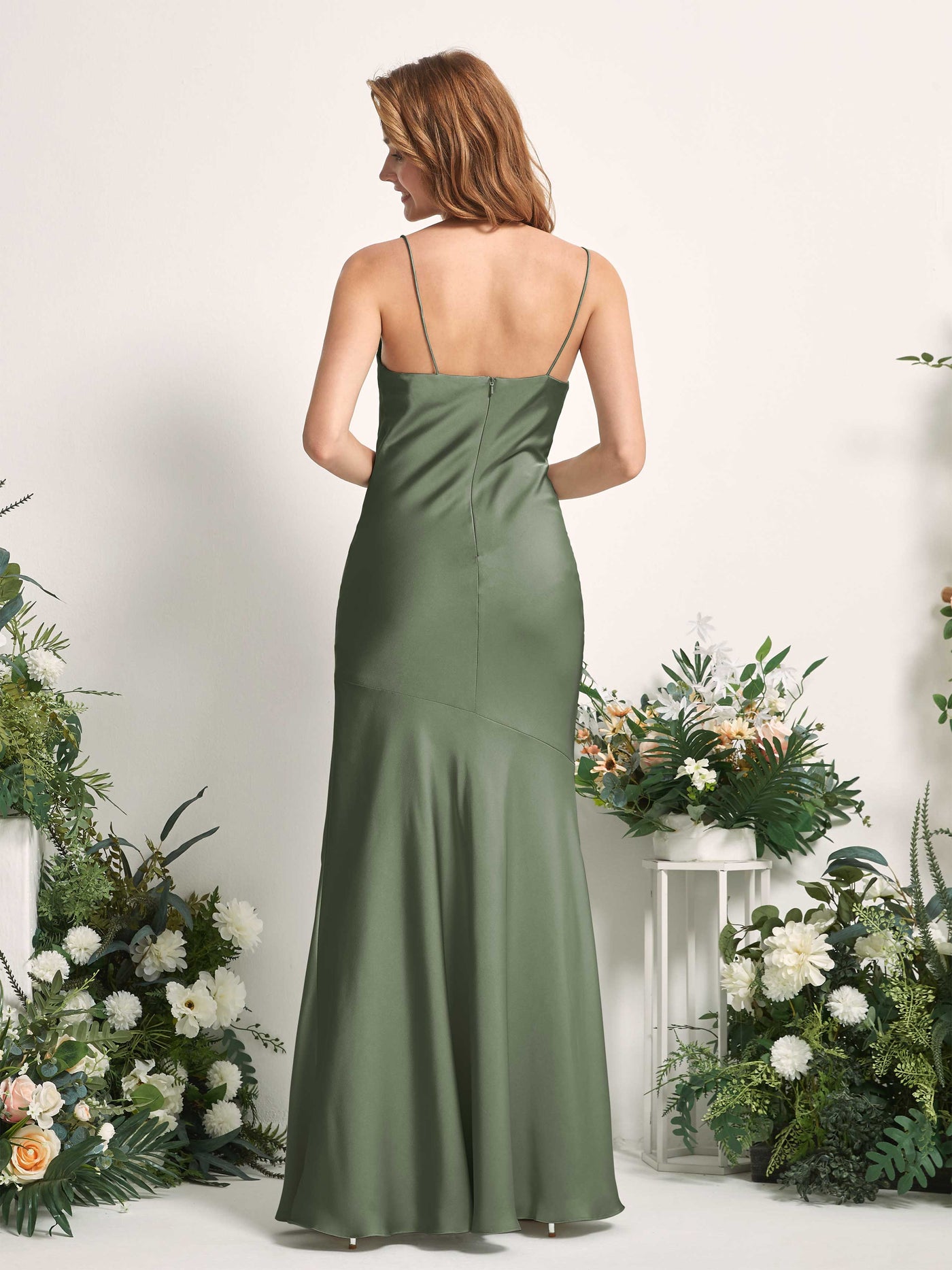 Carlyna Meerjungfrau-Linie wasserfall Bodenlang Beinschlitz Satin Brautjungfernkleider Olivgrün #farbe_olivgr-n