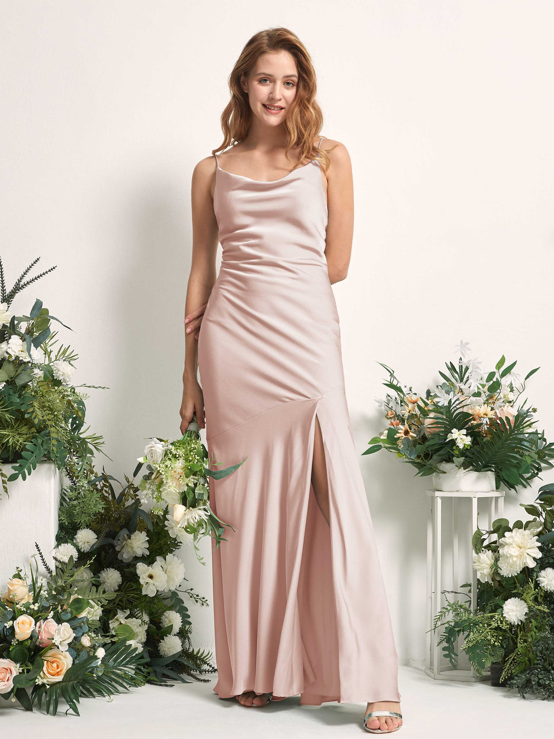 Carlyna Meerjungfrau-Linie wasserfall Bodenlang Beinschlitz Satin Brautjungfernkleider Perlrosa 