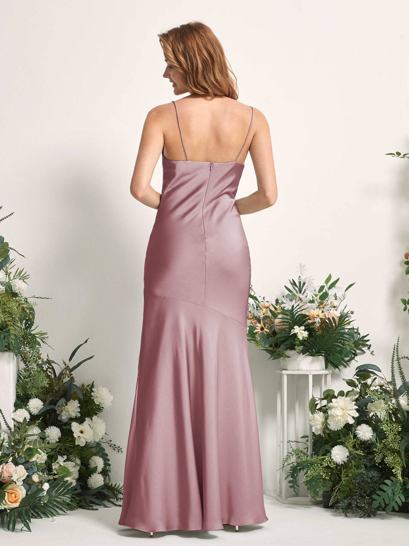 Carlyna Meerjungfrau-Linie wasserfall Bodenlang Beinschlitz Satin Brautjungfernkleider Rosenquarz #farbe_rosenquarz