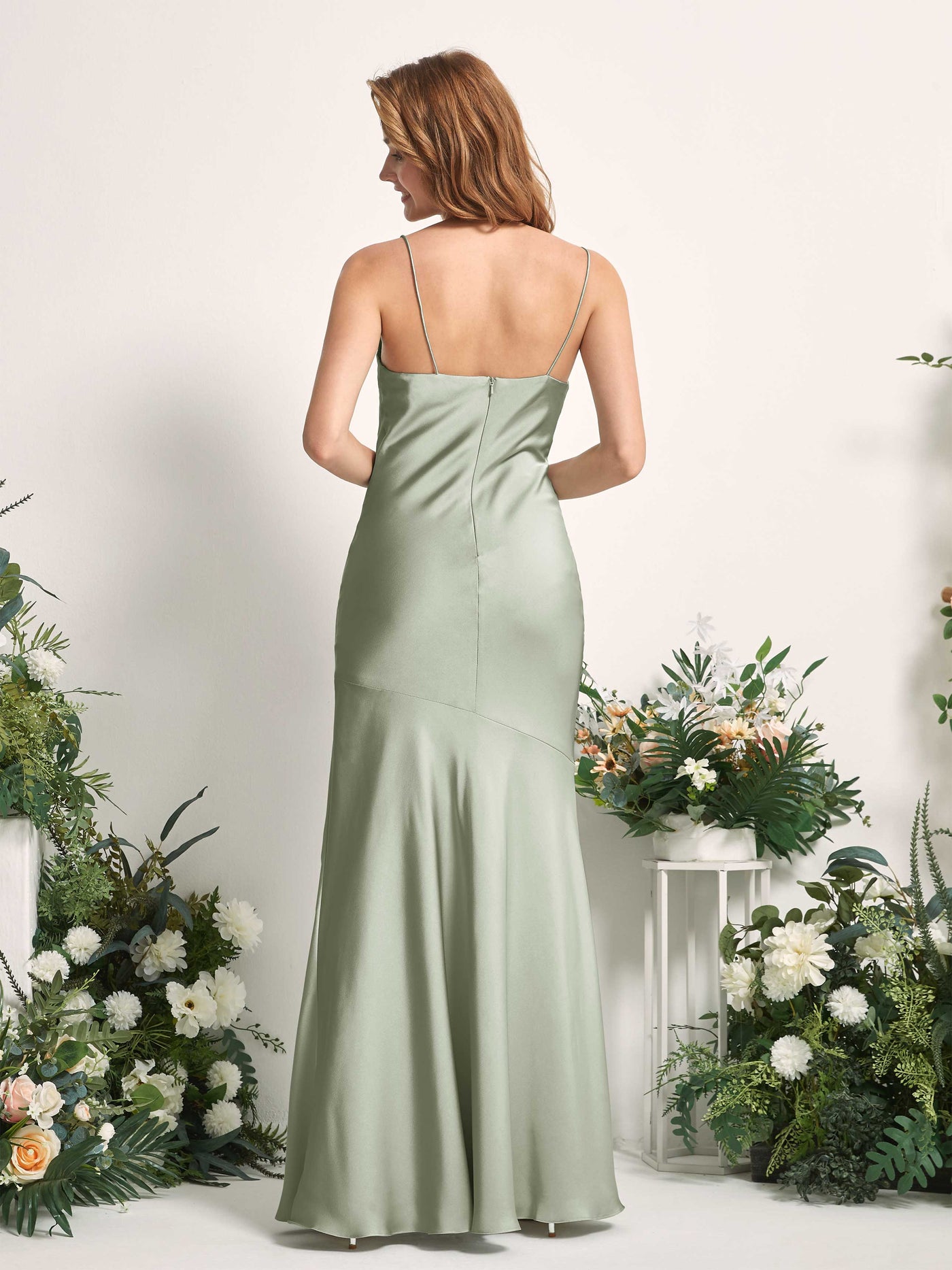 Carlyna Meerjungfrau-Linie wasserfall Bodenlang Beinschlitz Satin Brautjungfernkleider Salbeigrün #farbe_salbeigr-n