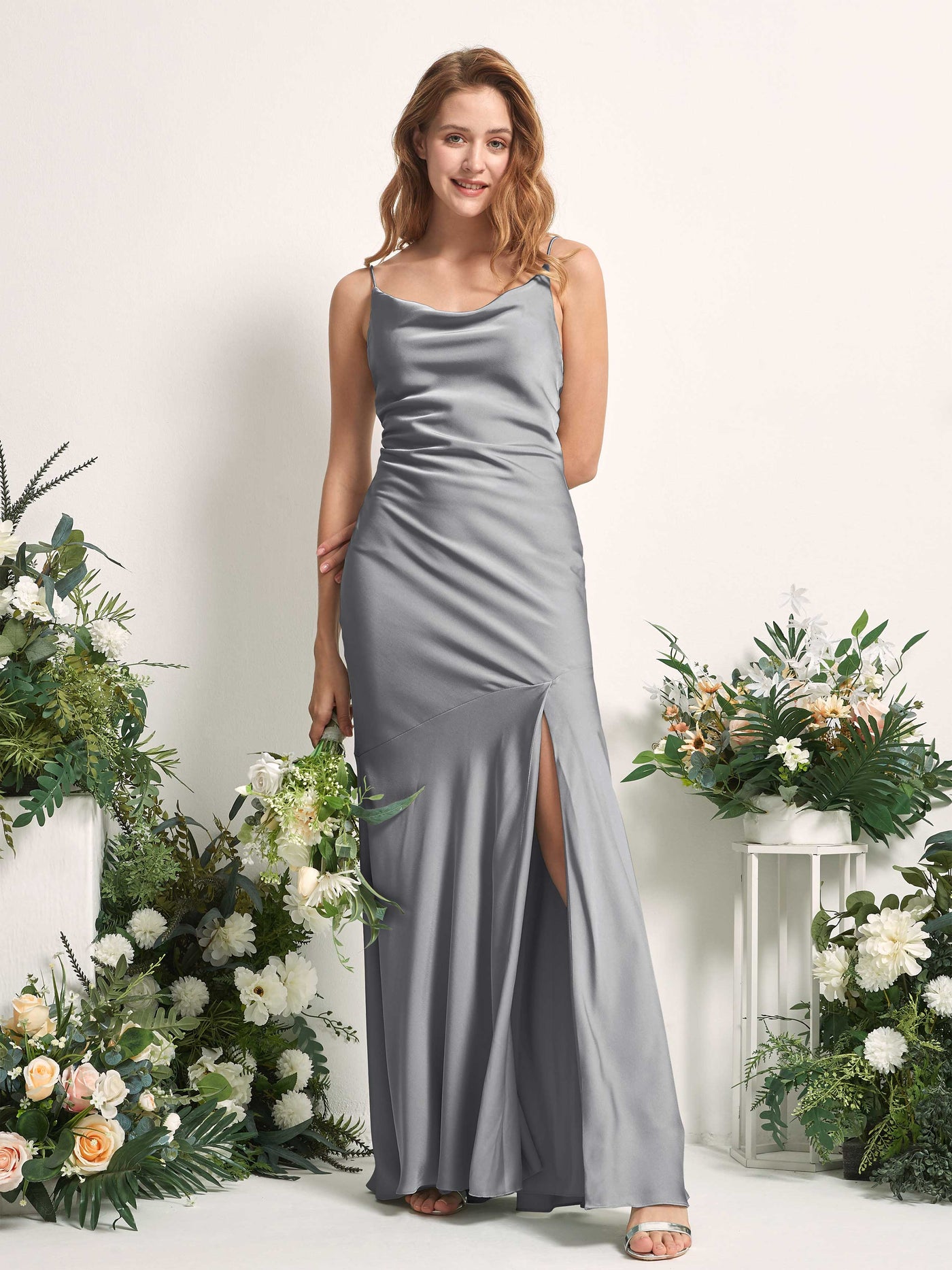 Carlyna Meerjungfrau-Linie wasserfall Bodenlang Beinschlitz Satin Brautjungfernkleider Stahlgrau #farbe_stahlgrau
