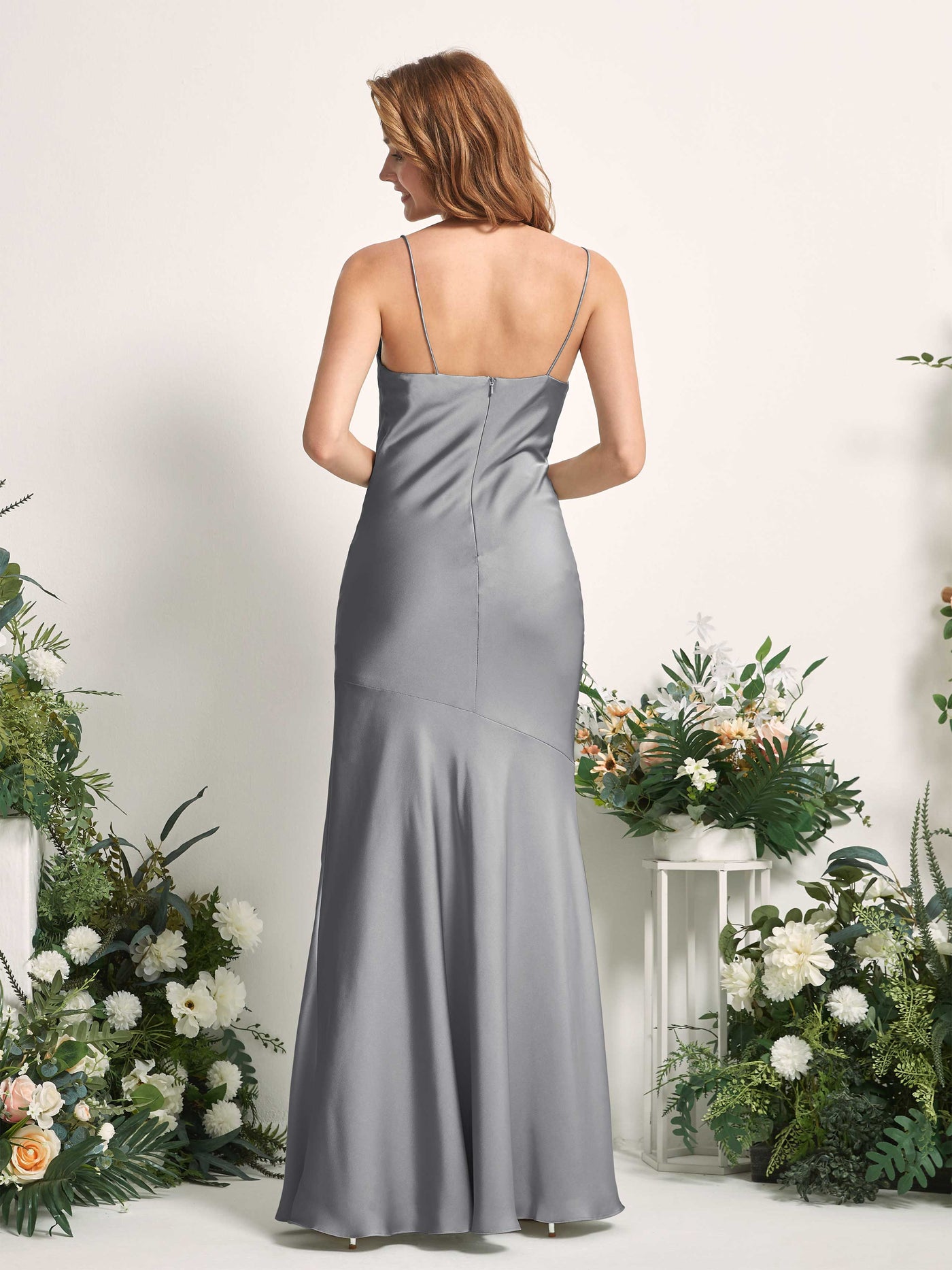 Carlyna Meerjungfrau-Linie wasserfall Bodenlang Beinschlitz Satin Brautjungfernkleider Stahlgrau #farbe_stahlgrau