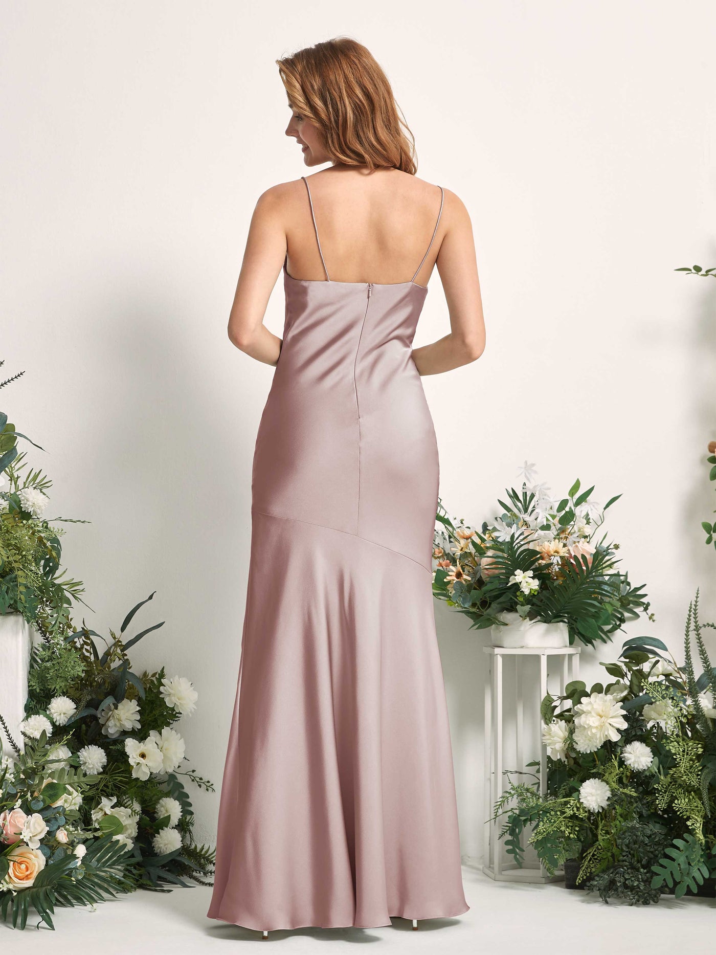 Carlyna Meerjungfrau-Linie wasserfall Bodenlang Beinschlitz Satin Brautjungfernkleider Staubige Rose #farbe_staubige-rose