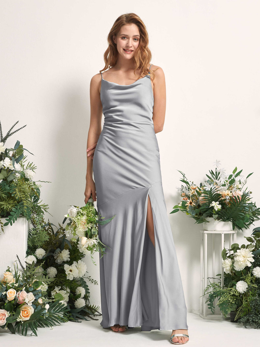 Carlyna Meerjungfrau-Linie wasserfall Bodenlang Beinschlitz Satin Brautjungfernkleider Taube 