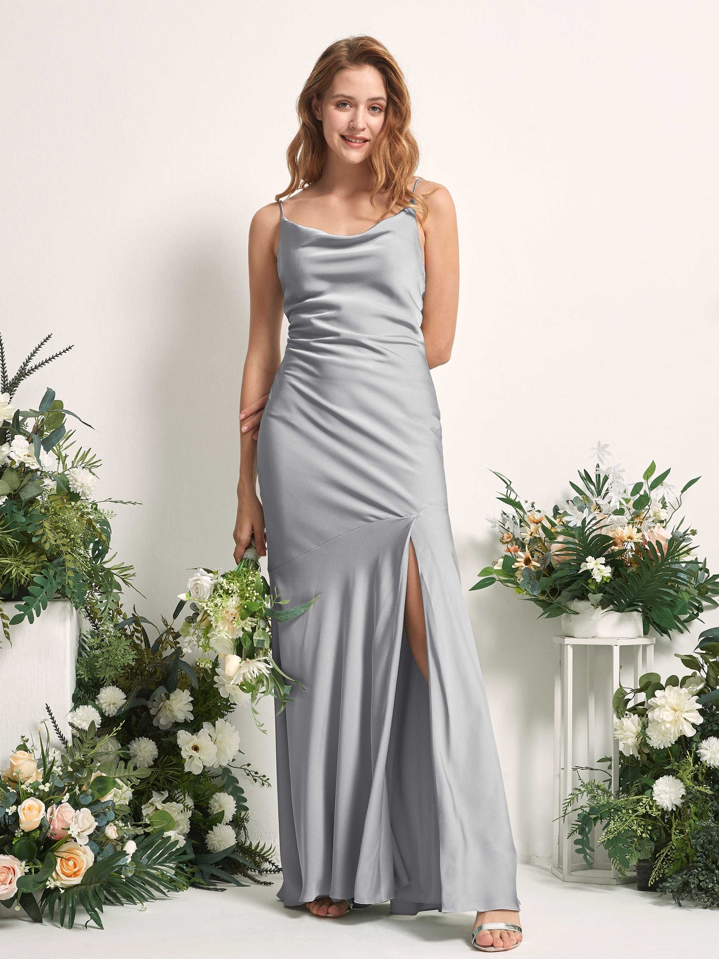Carlyna Meerjungfrau-Linie wasserfall Bodenlang Beinschlitz Satin Brautjungfernkleider Taube #farbe_taube