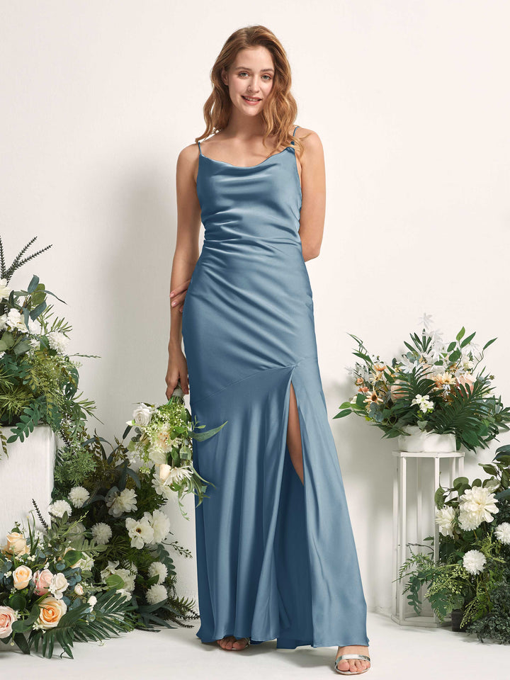 Carlyna Meerjungfrau-Linie wasserfall Bodenlang Beinschlitz Satin Brautjungfernkleider Tinte Blau 