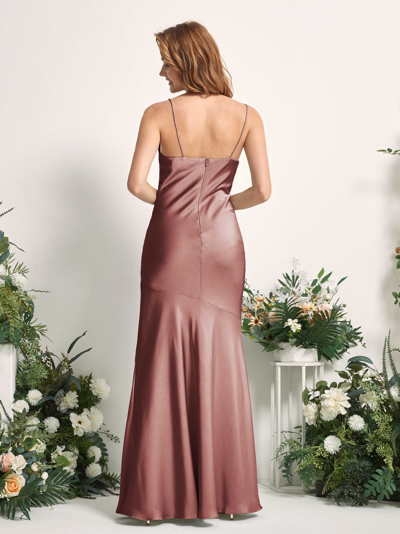 Carlyna Meerjungfrau-Linie wasserfall Bodenlang Beinschlitz Satin Brautjungfernkleider Wüstenrose #farbe_w-stenrose