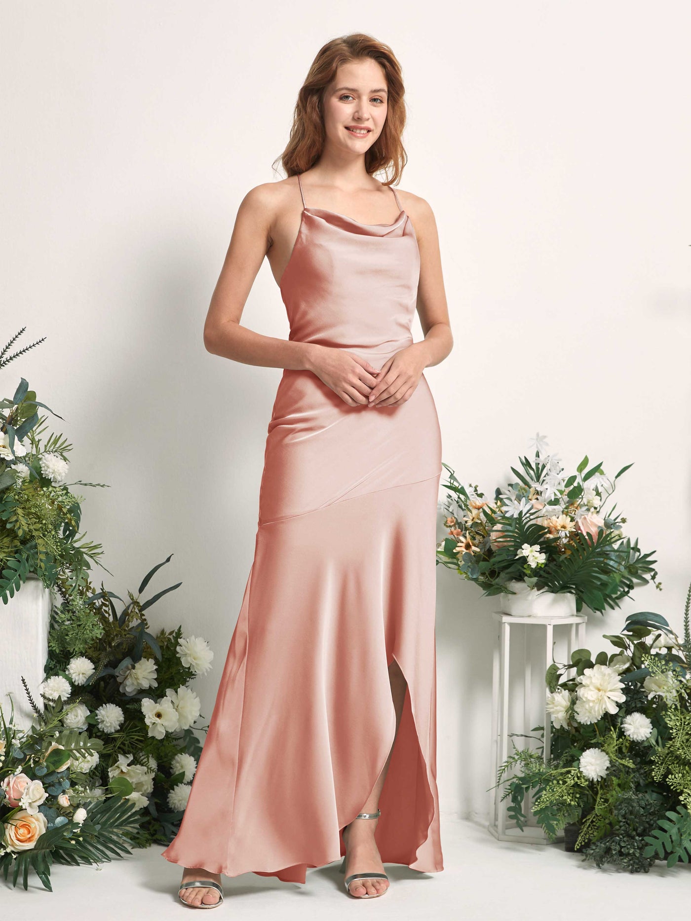 Carlyna Meerjungfrau-Linie Wasserfallausschnitt Bodenlang Brautjungfernkleid Cantaloupe #farbe_cantaloupe