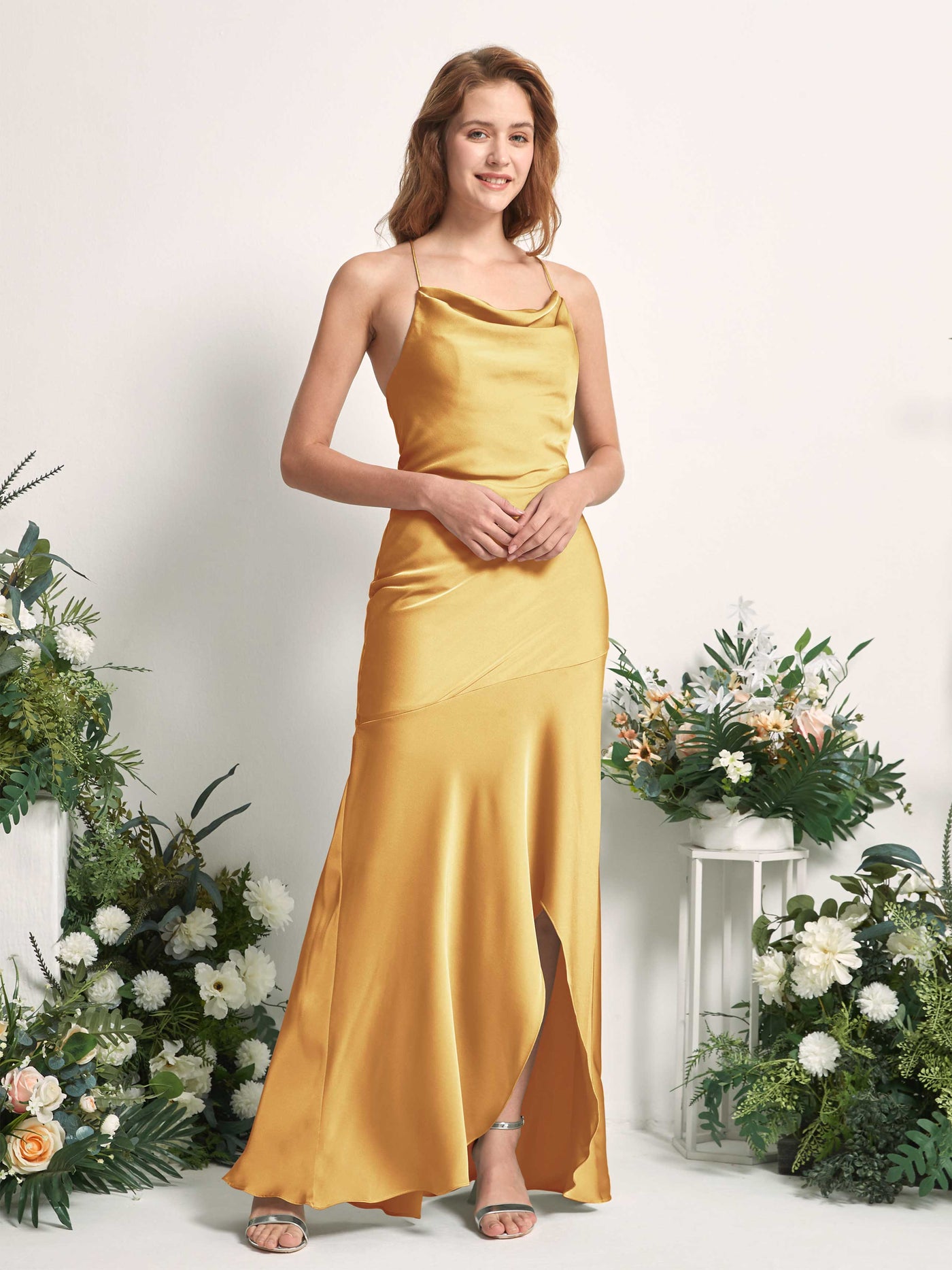 Carlyna Meerjungfrau-Linie Wasserfallausschnitt Bodenlang Brautjungfernkleid Kanariengelb #farbe_kanariengelb