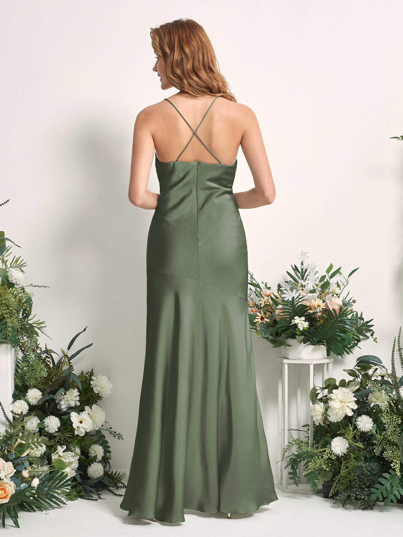 Carlyna Meerjungfrau-Linie Wasserfallausschnitt Bodenlang Brautjungfernkleid Olivgrün #farbe_olivgr-n