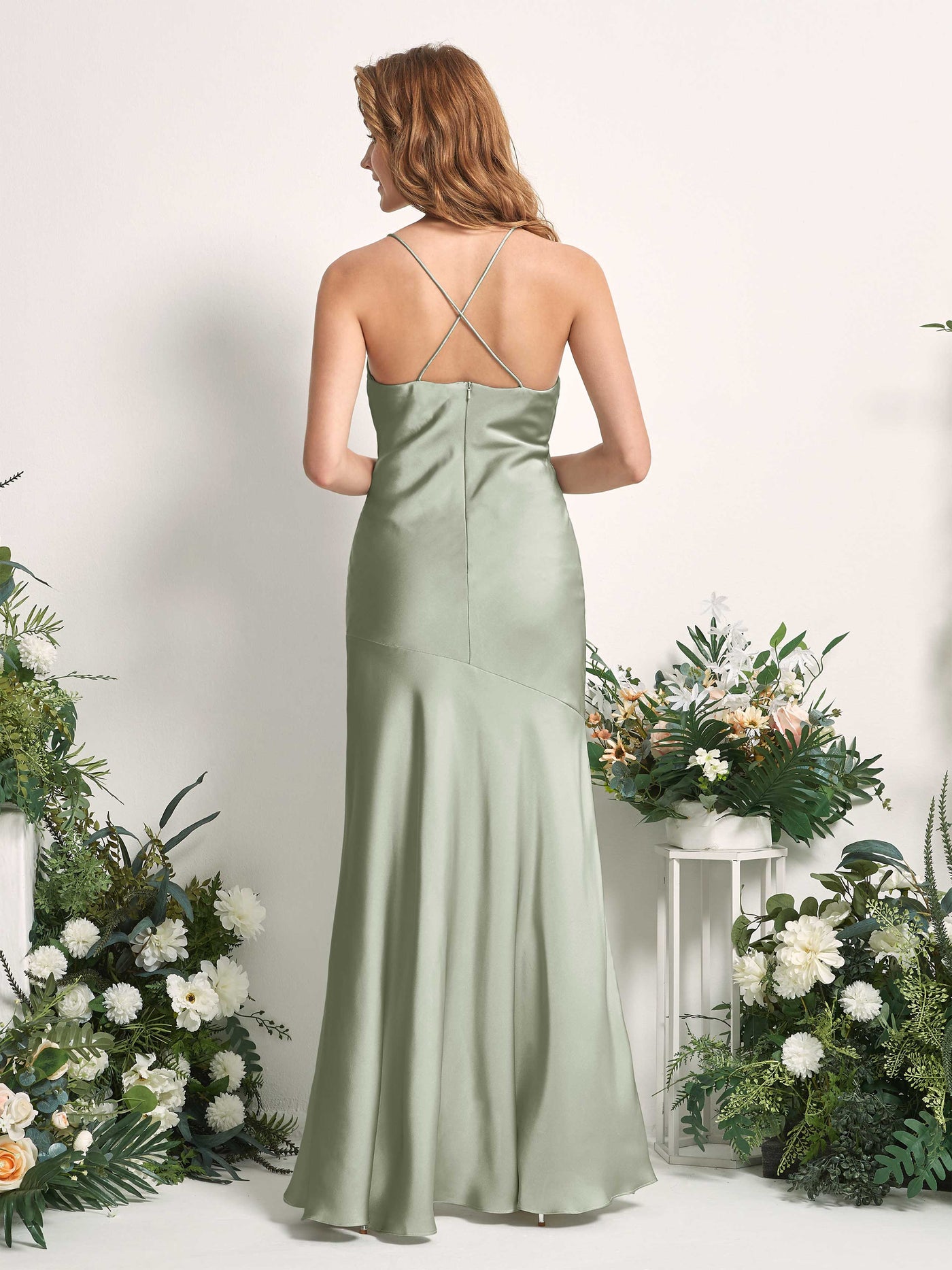 Carlyna Meerjungfrau-Linie Wasserfallausschnitt Bodenlang Brautjungfernkleid Salbeigrün #farbe_salbeigr-n