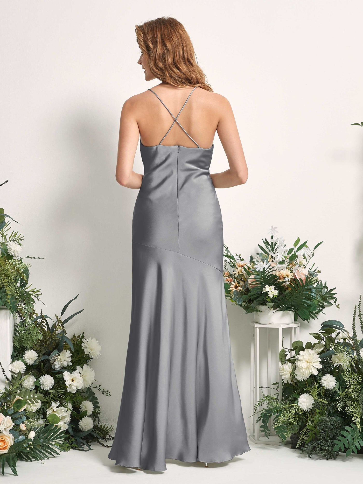 Carlyna Meerjungfrau-Linie Wasserfallausschnitt Bodenlang Brautjungfernkleid Stahlgrau #farbe_stahlgrau