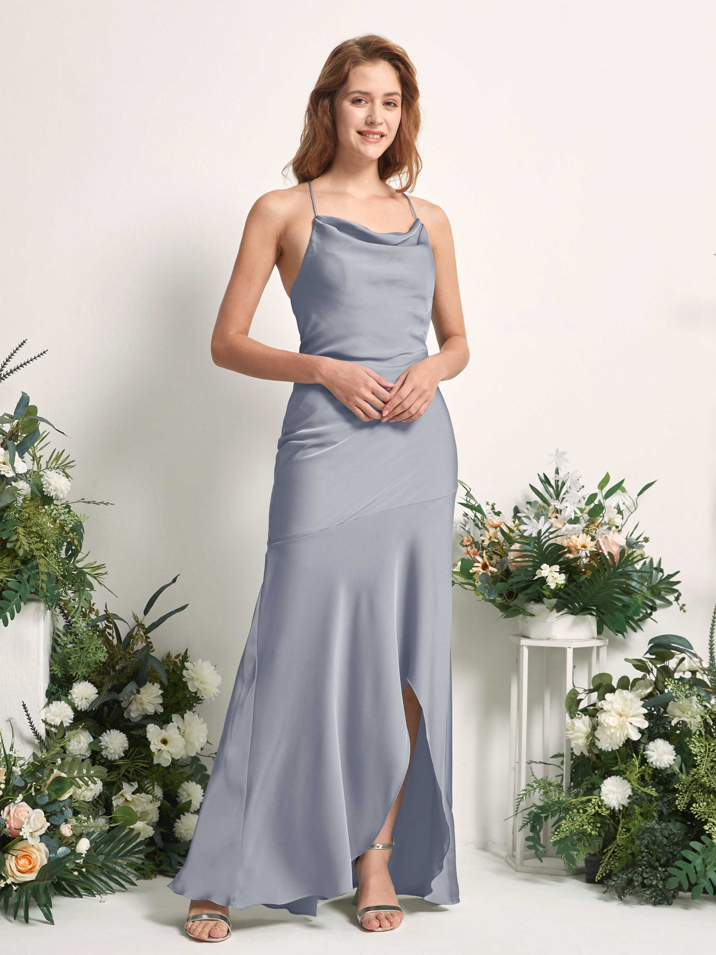 Carlyna Meerjungfrau-Linie Wasserfallausschnitt Bodenlang Brautjungfernkleid Staubiges Blau #farbe_staubiges-blau