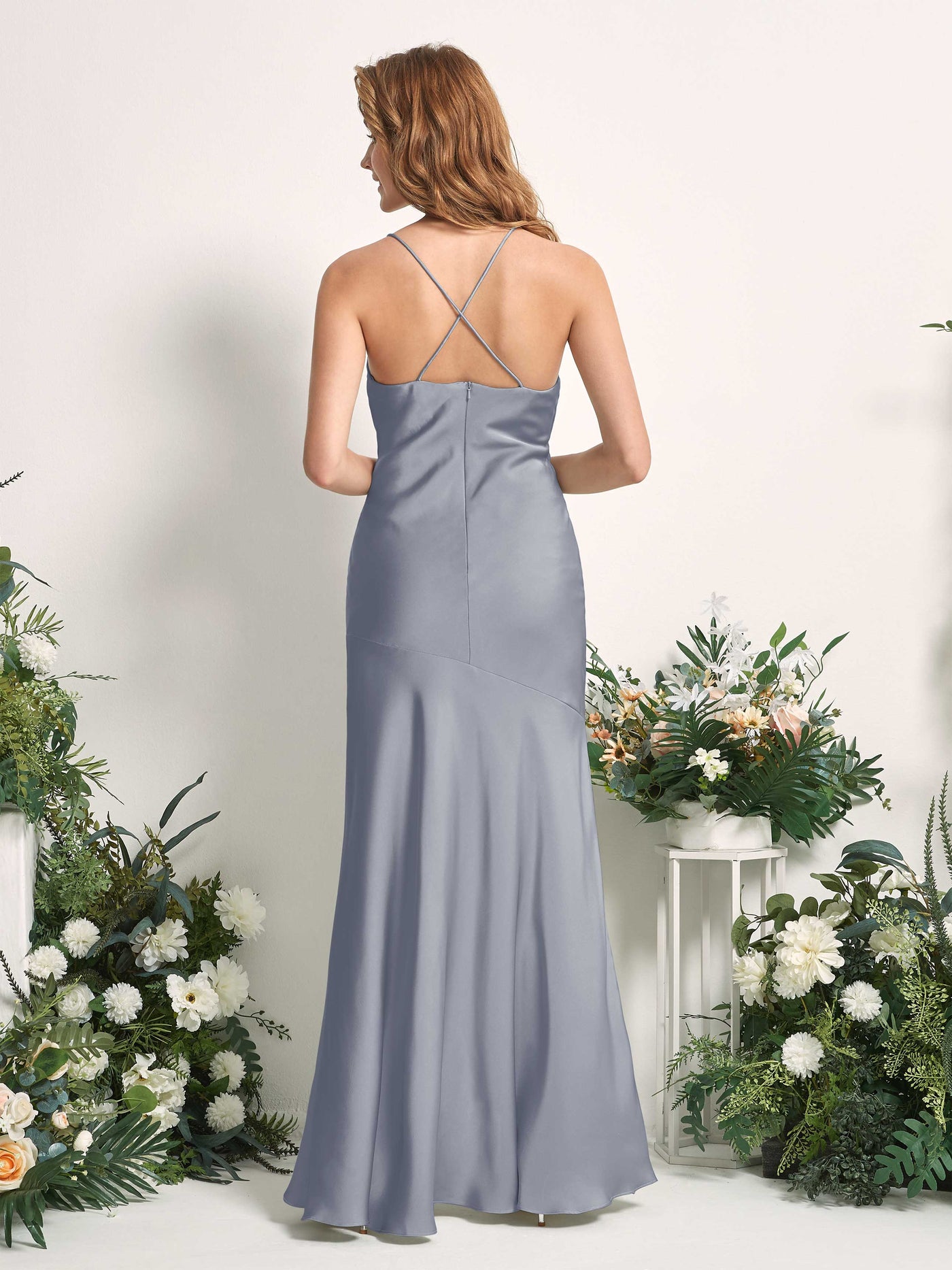 Carlyna Meerjungfrau-Linie Wasserfallausschnitt Bodenlang Brautjungfernkleid Staubiges Blau #farbe_staubiges-blau