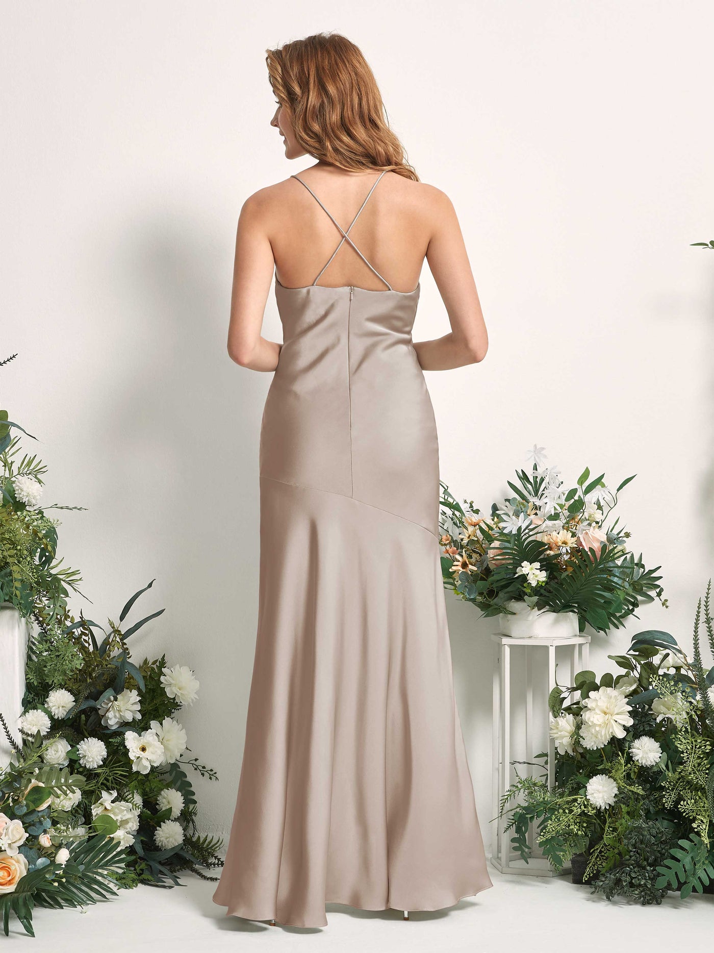 Carlyna Meerjungfrau-Linie Wasserfallausschnitt Bodenlang Brautjungfernkleid Taupe #farbe_taupe