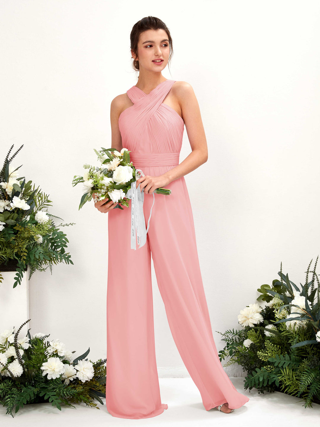 Carlyna Overall Wickelausschnitt Bodenlang Chiffon gerafft Brautjungfernkleider Ballettrosa 