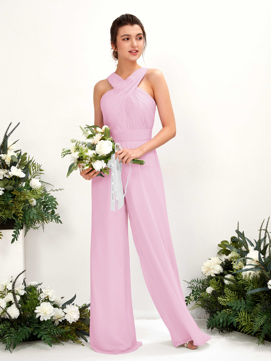 Carlyna Overall Wickelausschnitt Bodenlang Chiffon gerafft Brautjungfernkleider Bonbonrosa 