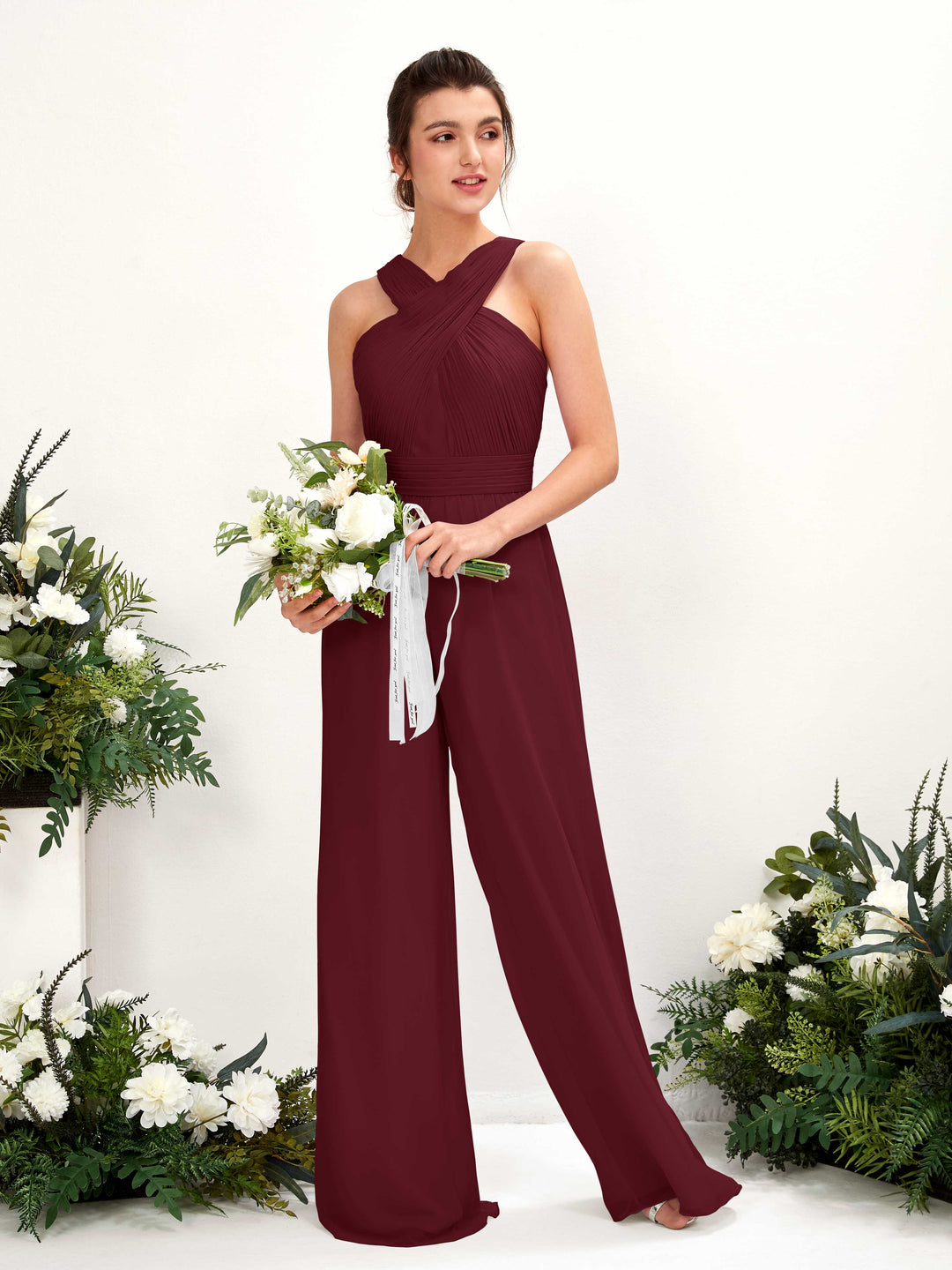 Carlyna Overall Wickelausschnitt Bodenlang Chiffon gerafft Brautjungfernkleider Burgunderrot 