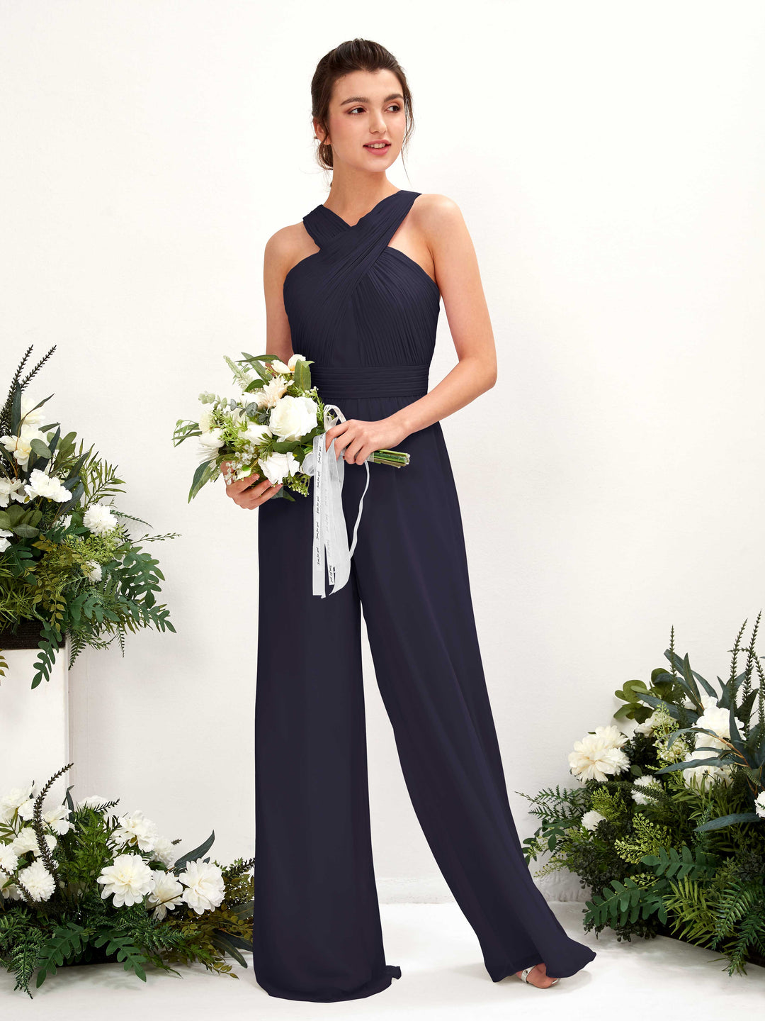 Carlyna Overall Wickelausschnitt Bodenlang Chiffon gerafft Brautjungfernkleider Dunkel Marineblau 