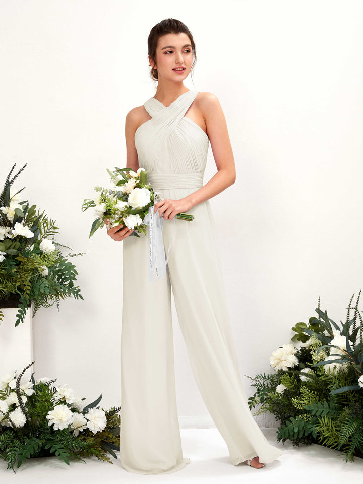 Carlyna Overall Wickelausschnitt Bodenlang Chiffon gerafft Brautjungfernkleider Elfenbein 