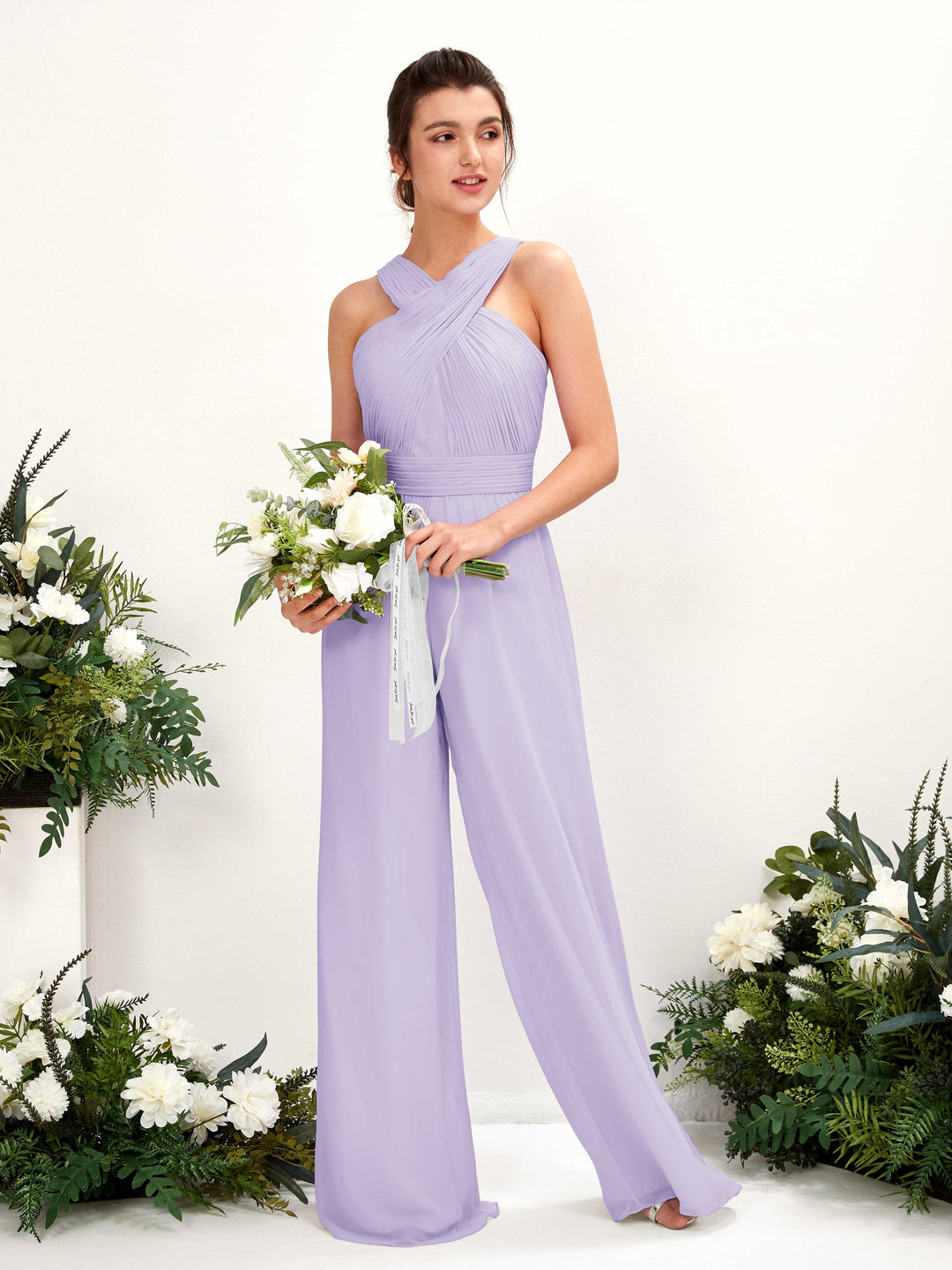 Carlyna Overall Wickelausschnitt Bodenlang Chiffon gerafft Brautjungfernkleider Flieder 