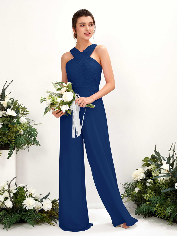 Carlyna Overall Wickelausschnitt Bodenlang Chiffon gerafft Brautjungfernkleider Königsblau 