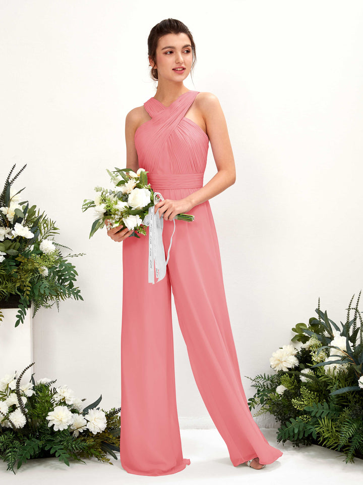 Carlyna Overall Wickelausschnitt Bodenlang Chiffon gerafft Brautjungfernkleider Korallenrosa 