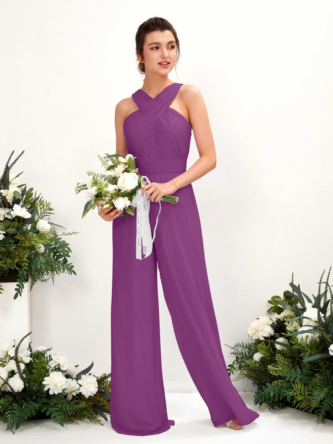 Carlyna Overall Wickelausschnitt Bodenlang Chiffon gerafft Brautjungfernkleider Lila 