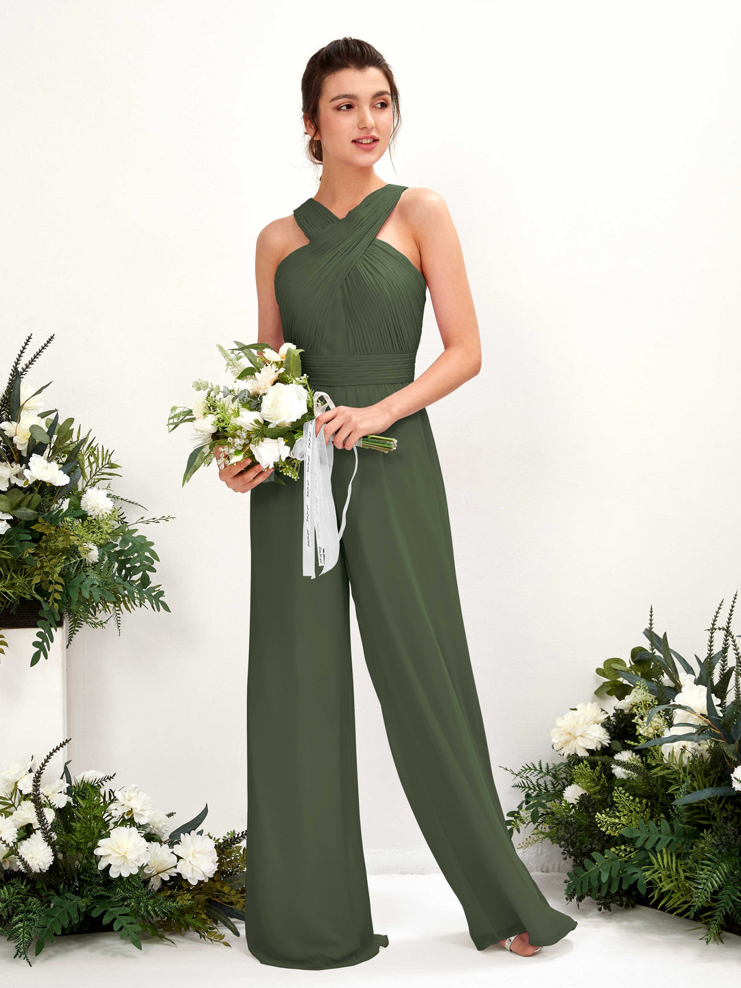 Carlyna Overall Wickelausschnitt Bodenlang Chiffon gerafft Brautjungfernkleider Martini-Olive 