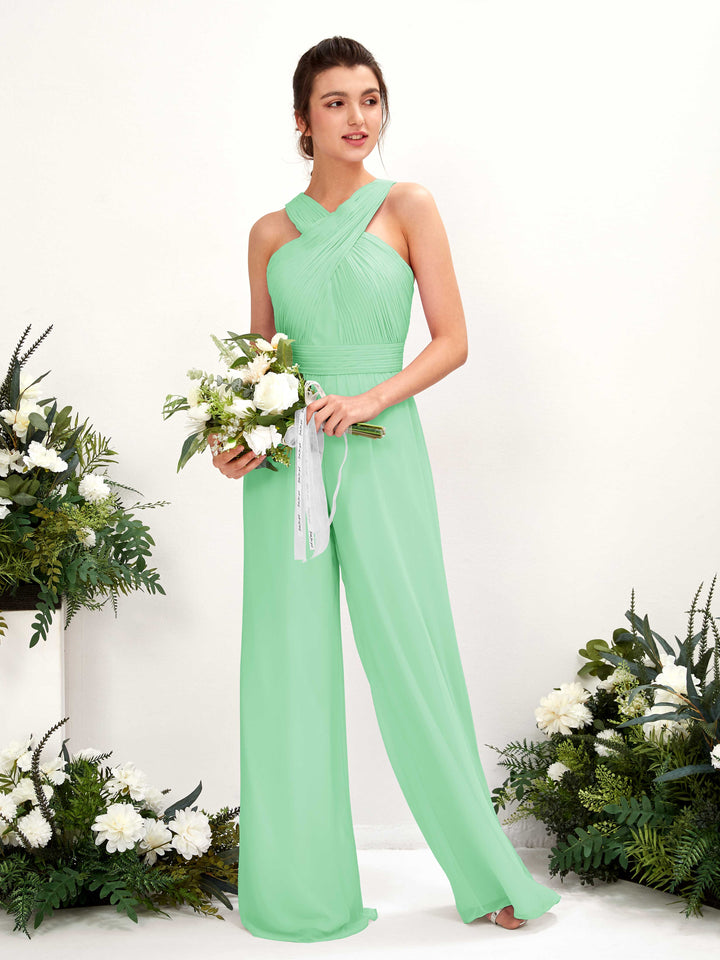 Carlyna Overall Wickelausschnitt Bodenlang Chiffon gerafft Brautjungfernkleider Minzgrün 