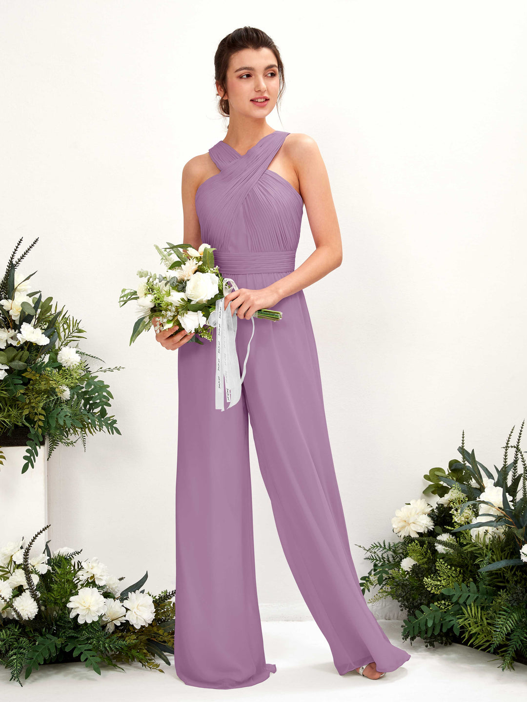 Carlyna Overall Wickelausschnitt Bodenlang Chiffon gerafft Brautjungfernkleider Orchideen-Nebel 