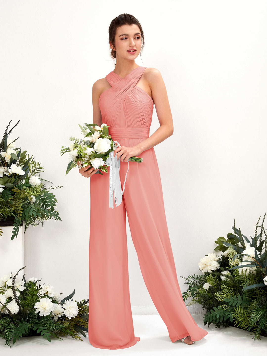 Carlyna Overall Wickelausschnitt Bodenlang Chiffon gerafft Brautjungfernkleider Pfirsichrosa 