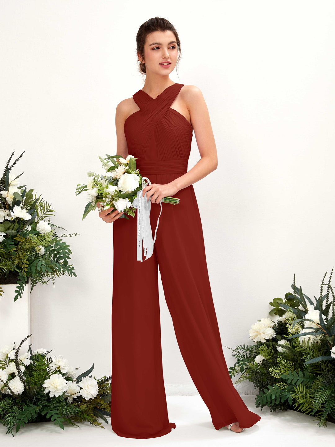 Carlyna Overall Wickelausschnitt Bodenlang Chiffon gerafft Brautjungfernkleider Rostrot 