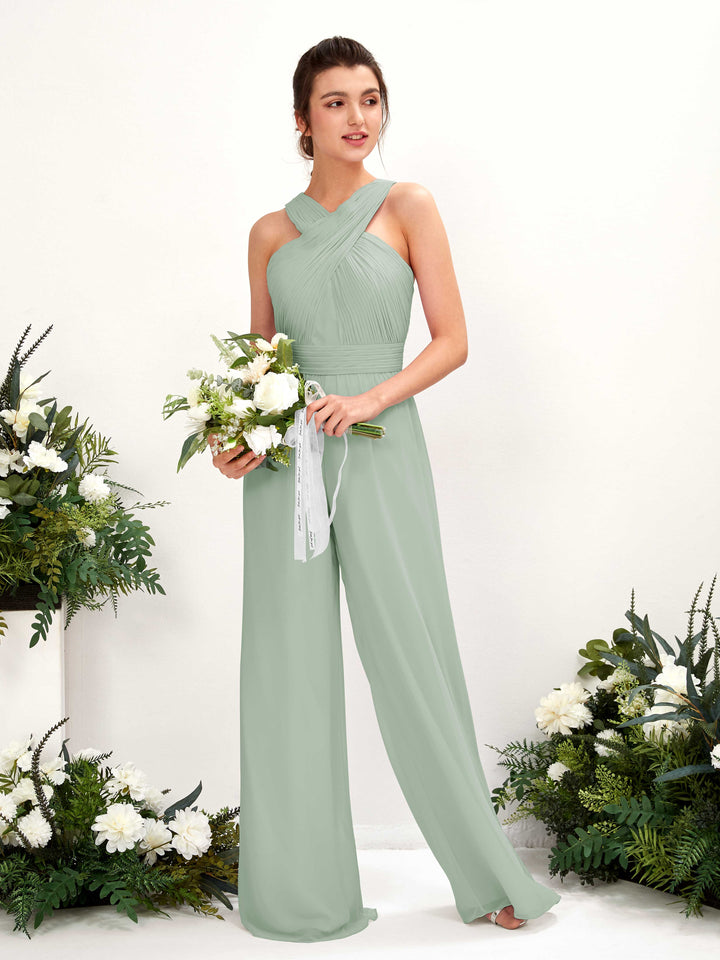 Carlyna Overall Wickelausschnitt Bodenlang Chiffon gerafft Brautjungfernkleider Salbeigrün 