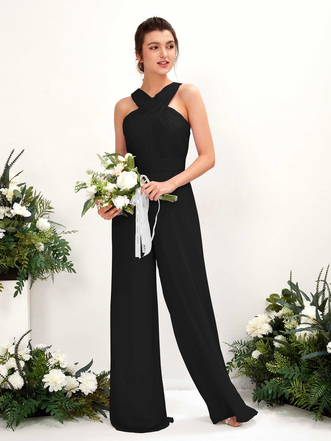 Carlyna Overall Wickelausschnitt Bodenlang Chiffon gerafft Brautjungfernkleider Schwarz 