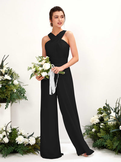 Carlyna Overall Wickelausschnitt Bodenlang Chiffon gerafft Brautjungfernkleider Schwarz #farbe_schwarz