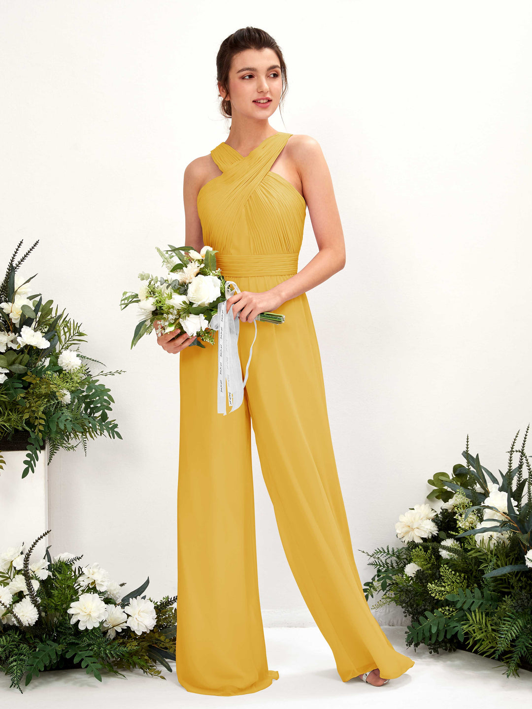 Carlyna Overall Wickelausschnitt Bodenlang Chiffon gerafft Brautjungfernkleider Senfgelb 
