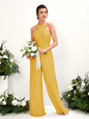 Carlyna Overall Wickelausschnitt Bodenlang Chiffon gerafft Brautjungfernkleider Senfgelb #farbe_senfgelb